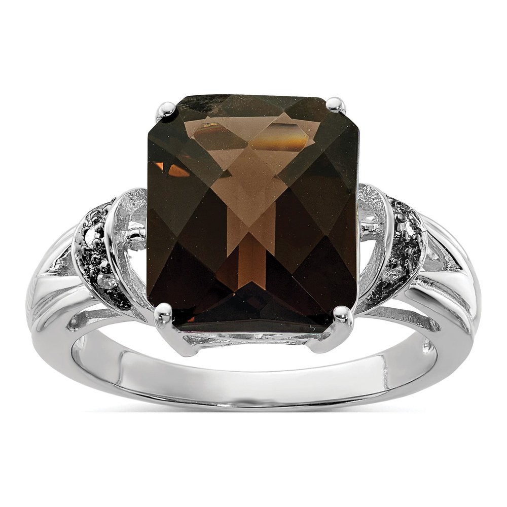 Sterling Silver Rhodium Octagonal Checker-Cut Smoky Quartz & Diam. Ring