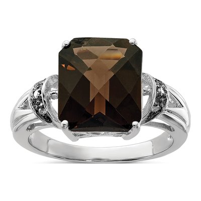 Sterling Silver Smoky Quartz & Diamond Octagonal Checker-Cut Ring