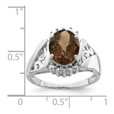 Sterling Silver Smoky Quartz & Diamond Checker-Cut Oval Ring – view 3