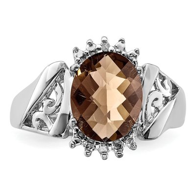 Sterling Silver Smoky Quartz & Diamond Checker-Cut Oval Ring – view 5