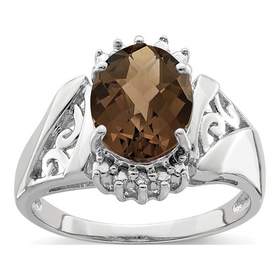Sterling Silver Smoky Quartz & Diamond Checker-Cut Oval Ring