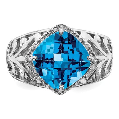Sterling Silver 1/8 ct tw Swiss Blue Topaz & Diamond Checker-Cut Ring – view 5