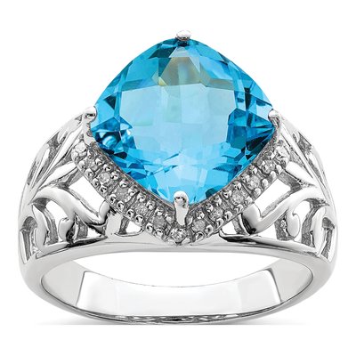 Sterling Silver 1/8 ct tw Swiss Blue Topaz & Diamond Checker-Cut Ring