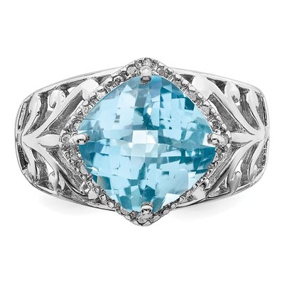 Sterling Silver Rhodium Checker-Cut Sky Blue Topaz & Diam. Ring – view 5