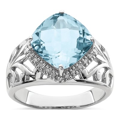 Sterling Silver Rhodium Checker-Cut Sky Blue Topaz & Diam. Ring