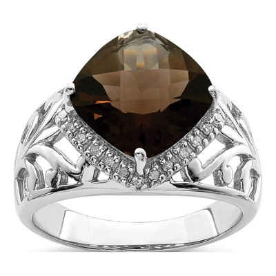 Sterling Silver 1/8 ct tw Smoky Quartz & Diamond Checker-Cut Ring