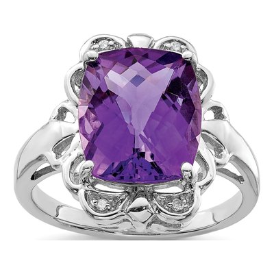 Sterling Silver Amethyst & Diamond Checker-Cut Ring
