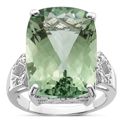 Sterling Silver Green Quartz & Diamond Cushion Ring