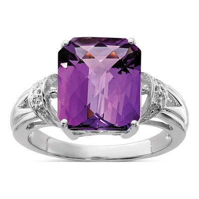Sterling Silver Amethyst & Diamond Octagonal Checker-Cut Ring