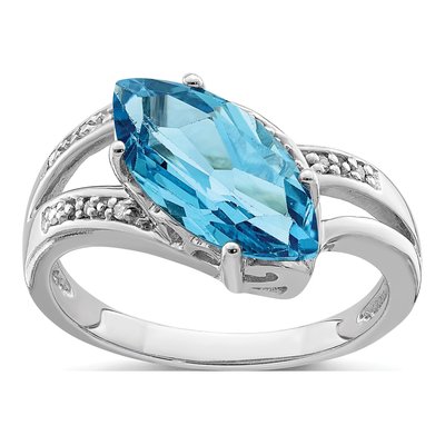 Sterling Silver 1/20 ct tw Swiss Blue Topaz & Diamond Marquise Ring