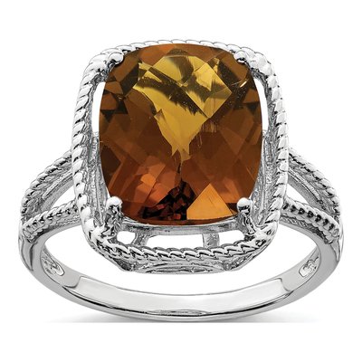 Sterling Silver Whiskey Quartz Whiskey Checker-Cut Ring