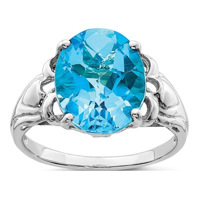 Sterling Silver Swiss Blue Topaz Oval Checker-Cut Ring