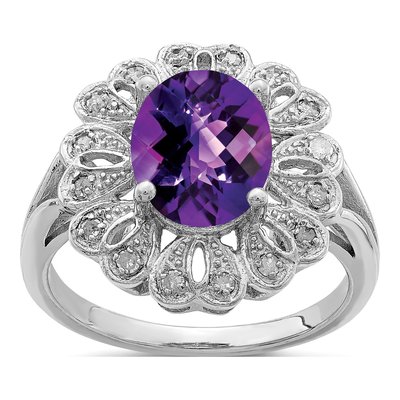 Sterling Silver 0.16 ct tw Amethyst & Diamond Oval Checker-Cut Ring