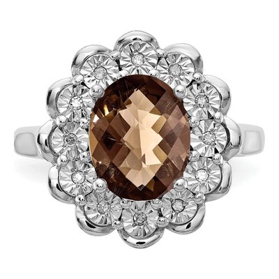 Sterling Silver 1/20 ct tw Smoky Quartz & Diamond Oval Checker-Cut Ring – view 5