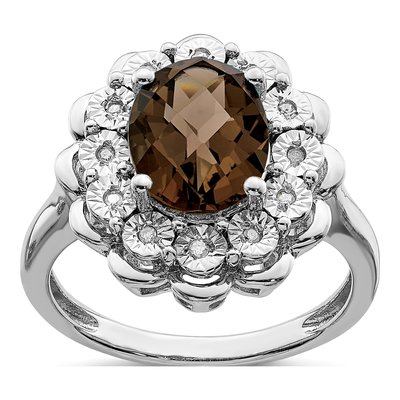 Sterling Silver 1/20 ct tw Smoky Quartz & Diamond Oval Checker-Cut Ring