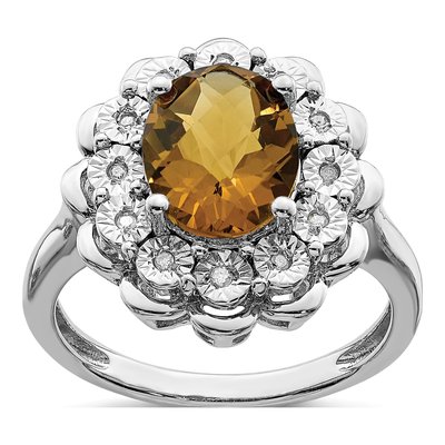 Sterling Silver 1/20 ct tw Whiskey Quartz & Diamond Whiskey Ring
