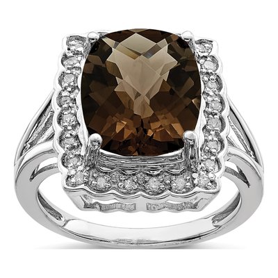 Sterling Silver 1/7 ct tw Smoky Quartz & Diamond Checker-Cut Ring