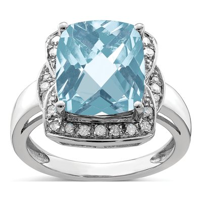 Sterling Silver 1/7 ct tw Sky Blue Topaz & Diamond Checker-Cut Ring