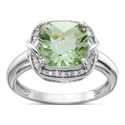 Sterling Silver 1/10 ct tw Green Quartz & Diamond Checker-Cut Ring