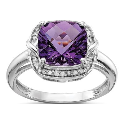 Sterling Silver 1/10 ct tw Amethyst & Diamond Checkerboard Ring