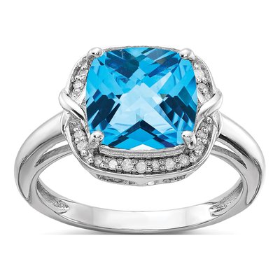 Sterling Silver 1/10 ct tw Swiss Blue Topaz & Diamond Ring