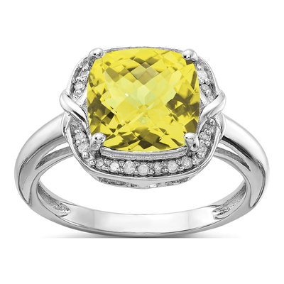 Sterling Silver 1/10 ct tw Lemon Quartz & Diamond Lemon Checker Ring