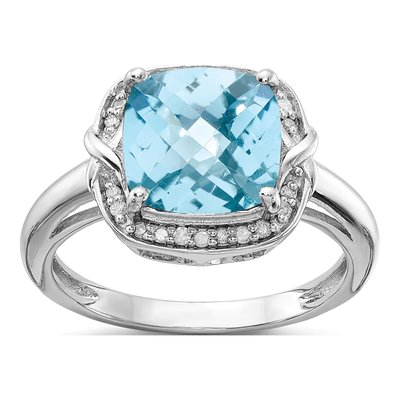 Sterling Silver 1/10 ct tw Sky Blue Topaz & Diamond Checker-Cut Ring