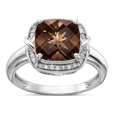 Sterling Silver 1/10 ct tw Smoky Quartz & Diamond Checker-Cut Ring