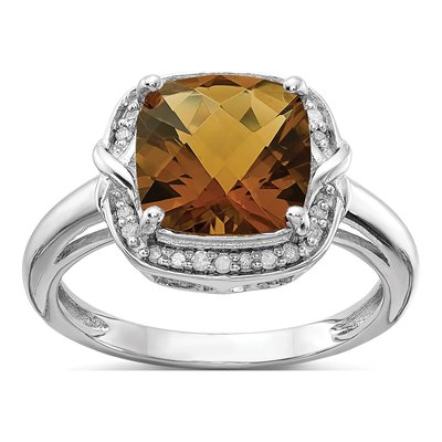 Sterling Silver 1/10 ct tw Whiskey Quartz & Diamond Whiskey Ring