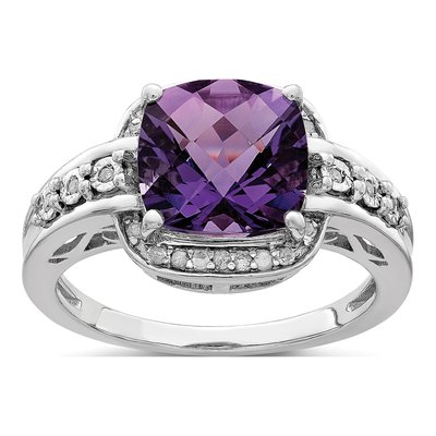 Sterling Silver 1/10 ct tw Amethyst & Diamond Checker-Cut Ring