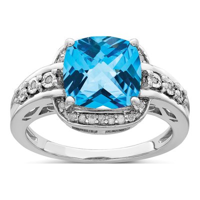 Sterling Silver 1/10 ct tw Swiss Blue Topaz & Diamond Checkerboard Ring
