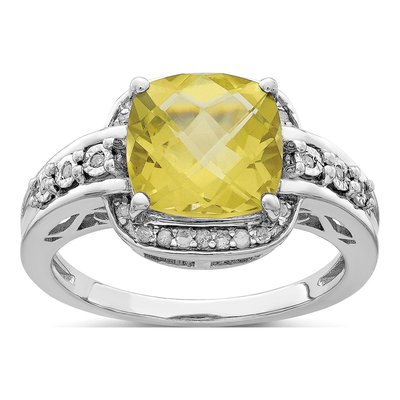 Sterling Silver 1/10 ct tw Lemon Quartz & Diamond Checker-Cut Lemon Ring