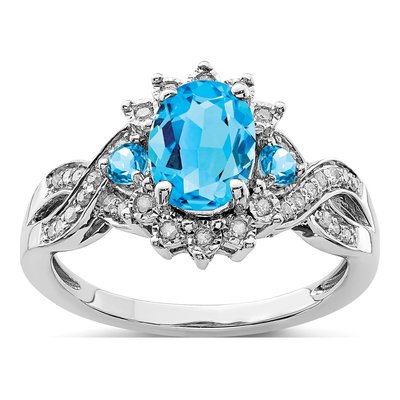 Sterling Silver 1/7 ct tw Swiss Blue Topaz & Diamond Oval Ring