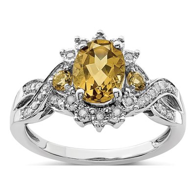 Sterling Silver 1/7 ct tw Whiskey Quartz & Diamond Whiskey Ring