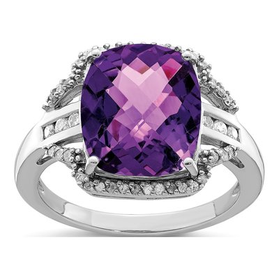 Sterling Silver 0.19 ct tw Amethyst & Diamond Checkerboard Ring