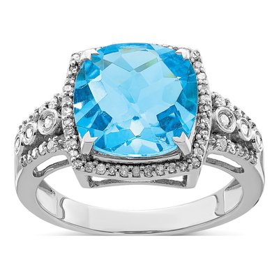 Sterling Silver 1/4 ct tw Swiss Blue Topaz & Diamond Checkerboard Ring