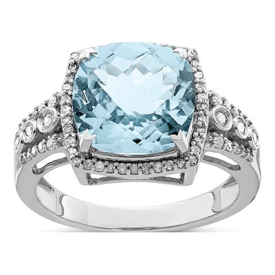 Sterling Silver 1/4 ct tw Sky Blue Topaz & Diamond Checker-Cut Ring