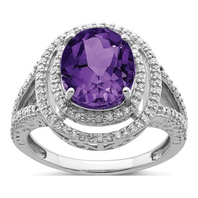 Sterling Silver 1/3 ct tw Amethyst & Diamond Oval Ring