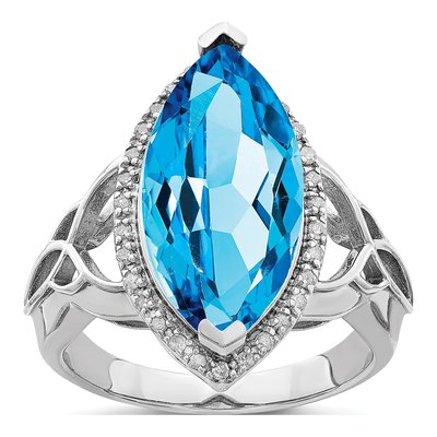 Sterling Silver 1/7 ct tw Swiss Blue Topaz & Diamond Marquise Ring