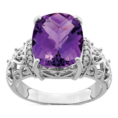 Sterling Silver 1/15 ct tw Amethyst & Diamond Checker-Cut Ring