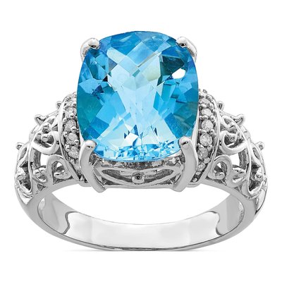 Sterling Silver 1/15 ct tw Swiss Blue Topaz & Diamond Checker-Cut Ring