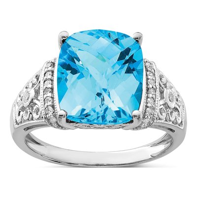 Sterling Silver 1/10 ct tw Swiss Blue Topaz & Diamond Checkerboard Ring