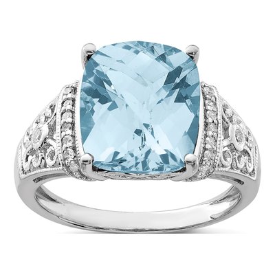 Sterling Silver 1/10 ct tw Sky Blue Topaz & Diamond Checker-Cut Ring