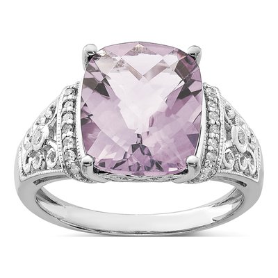 Sterling Silver Pink Quartz & Diamond Ring