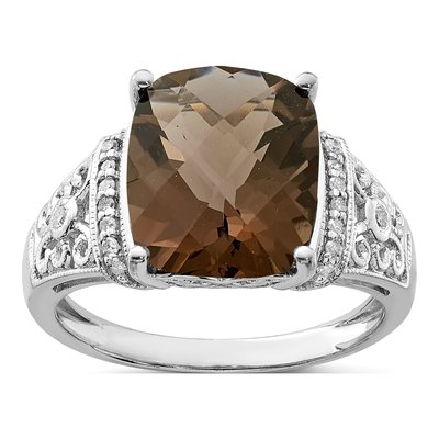 Sterling Silver 1/10 ct tw Smoky Quartz & Diamond Checker-Cut Ring