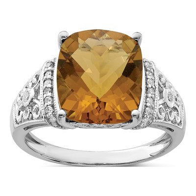 Sterling Silver 1/10 ct tw Whiskey Quartz & Diamond Whiskey Ring
