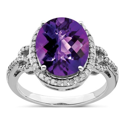 Sterling Silver 0.23 ct tw Amethyst & Diamond Oval Ring
