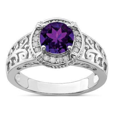 Sterling Silver 1/8 ct tw Amethyst & Diamond Ring