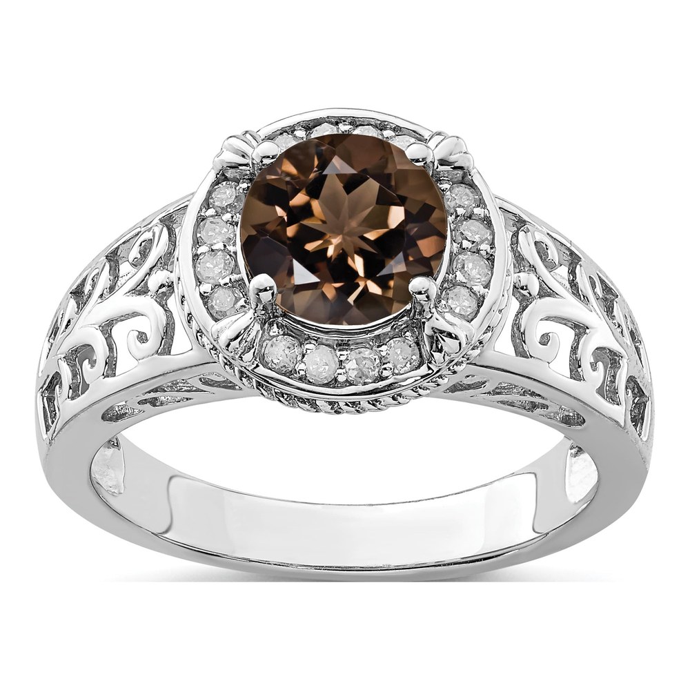 Sterling Silver Smoky Quartz & Diamond Ring, Size 7