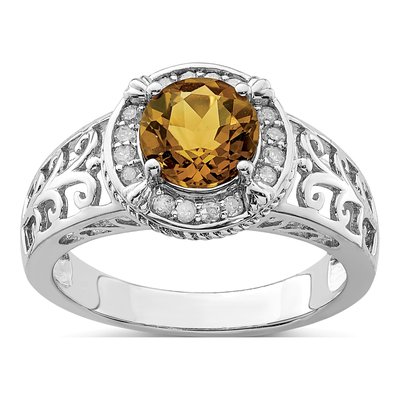Sterling Silver 1/8 ct tw Whiskey Quartz & Diamond Whiskey Ring